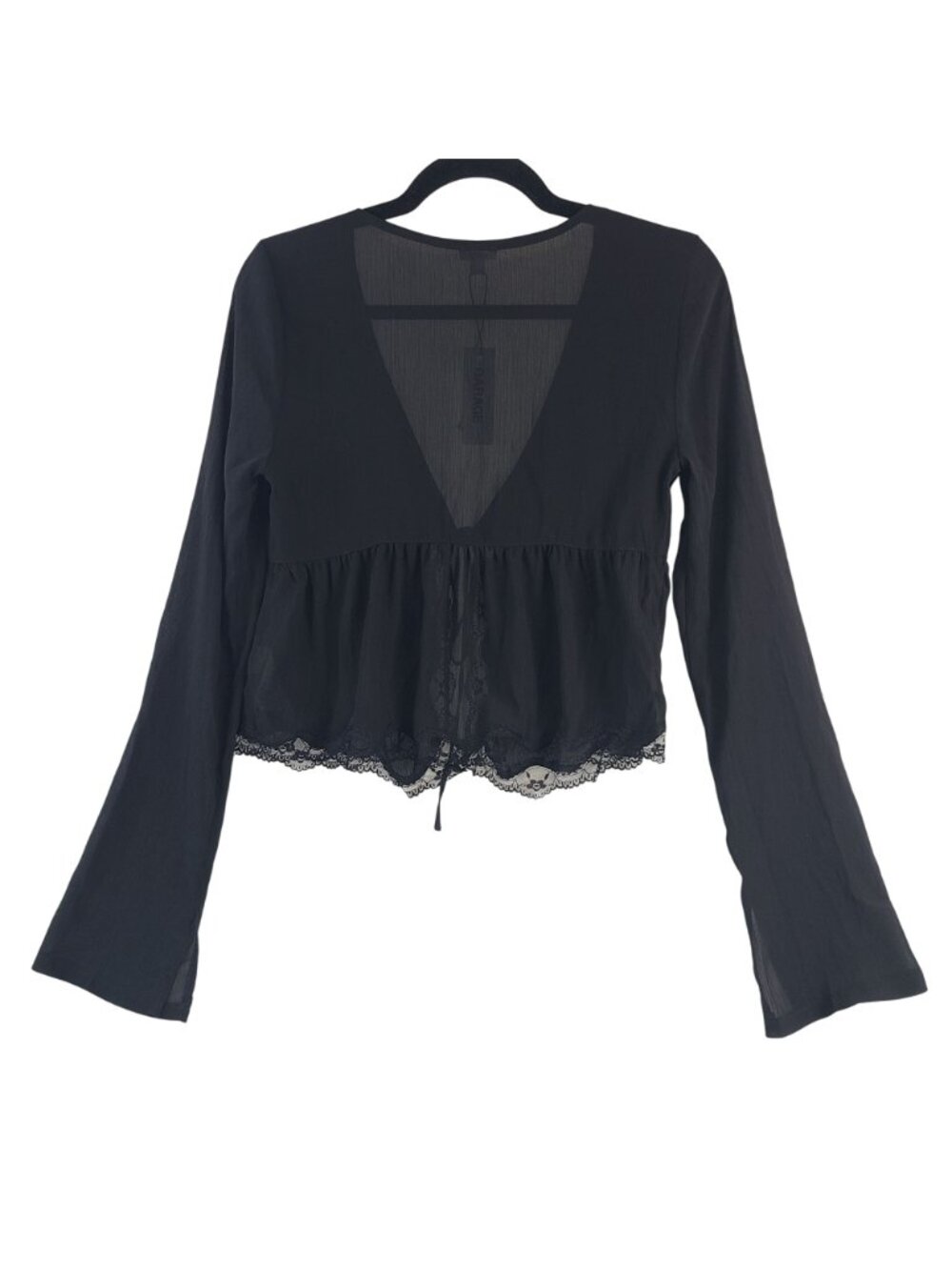 NEW Garage Georgette Lace Trim Flyaway Long Sleeve Top In Jet Black Size P/S - Picture 5 of 6